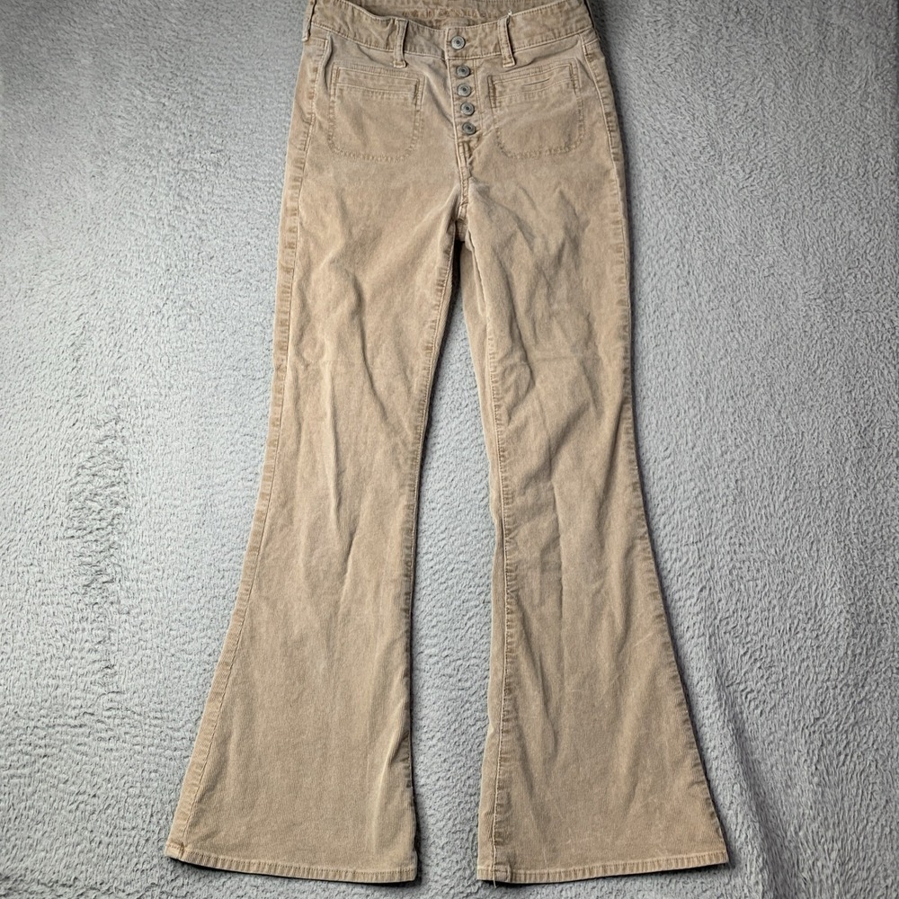 American Eagle Super Hi Rise Flare Jeans Womens 4 Tan Corduroy Button Fly